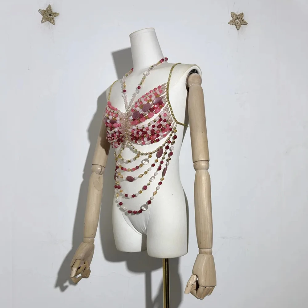 RM Beaded Bra Backless Women Vest Neck Sexy Corset Body Chain Lingerie Outerwear Spice Girls Bustier