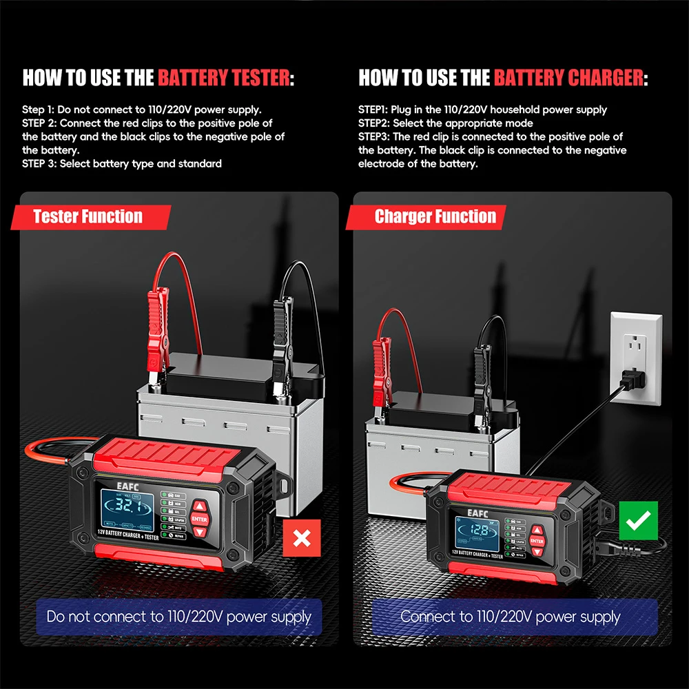 EAFC Fully Automatic Car Battery Charger&Tester 2 in 1 LCD Display 12V 6A SmartCharger for AGM/Deep cyele/lead acid LiFeP04