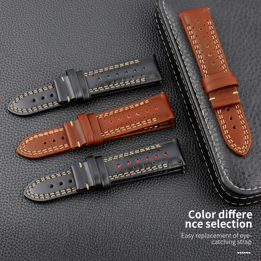 

Винтажный кожаный ремешок для часов, двойной цвет, 22 мм, пористый браслет, сменный черный, коричневый, универсальный браслет, аксессуары для браслета