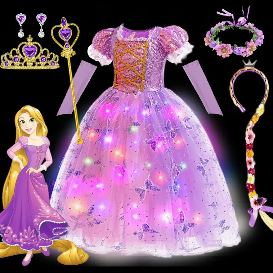 

Nouveau brillant Raiponce Costume Filles LED Princesse Robe De Bal De Noël Light up Emmêlé Raiponce Robe Enfant Fille Cosplay
