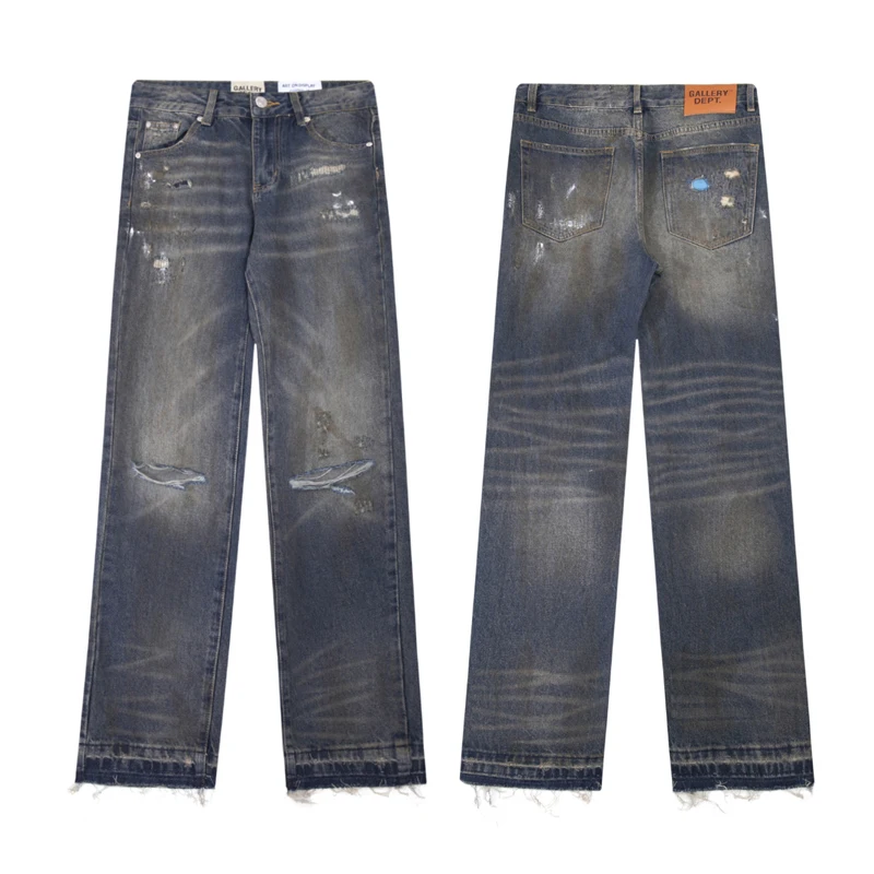 

Retro Splaed Ink Hole Punch Embroidery Waed Small Straight Cut off Jeans Casual Long Trousers Cotton Denim Straight Leg