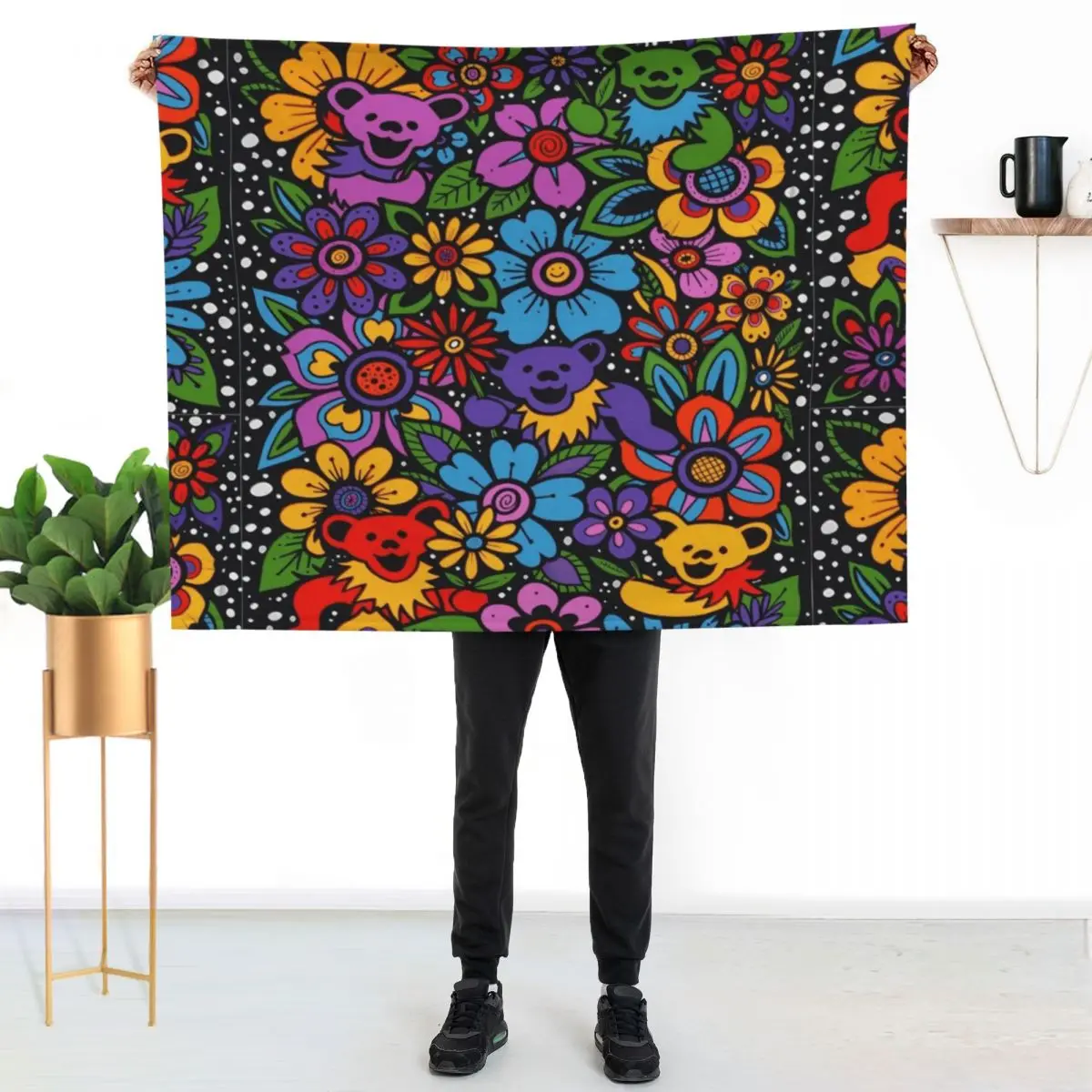 Psychedelic Flowers & Dancing Bears Coloured Grateful Rainbow Colours Throw Blanket Bed Fashionable anime Picnic Blankets