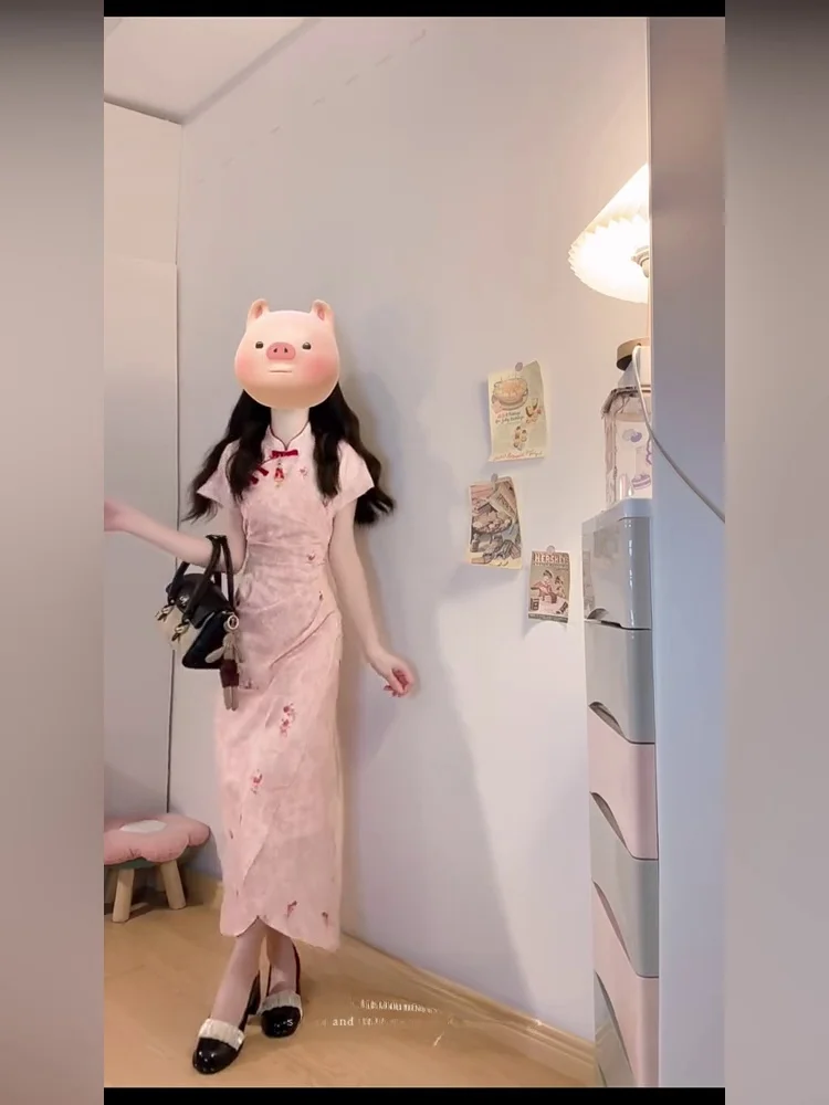 새로운 중국 스타일 핑크 플로럴 디자인 센세이션 여름 국가 트렌드 롱 드레스