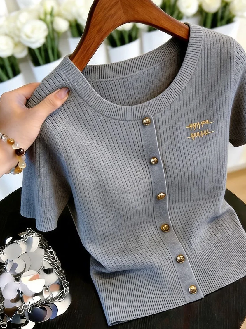 Loose Fit round Neck Knitted Top with Embroidery Ice Silk Short Sleeve Button Detail Summer Thin Thread T Shirt for Women