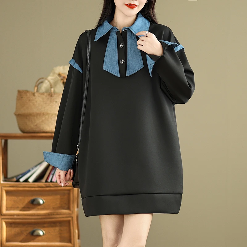 

Джинсовая толстовка в стиле пэчворк для женщин, средней длины, прикрывающая бедра, модная, винтажная, с длинными рукавами, с воротником, на осень