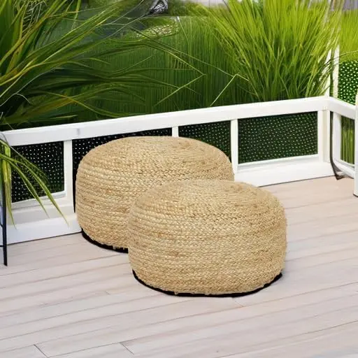 Jute Circular Low Pouf Ottoman - Braided Pouffe Accent Sitting Round Footrest for Living Room, Bedroom, Nursery, kidsroom,