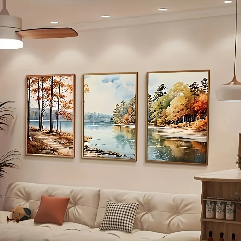 3PCS frameless decorative art print,Autumn Scenery 3pcs Wall Art Set Modern Watercolor Landscape Paintings Frameless Canvas D