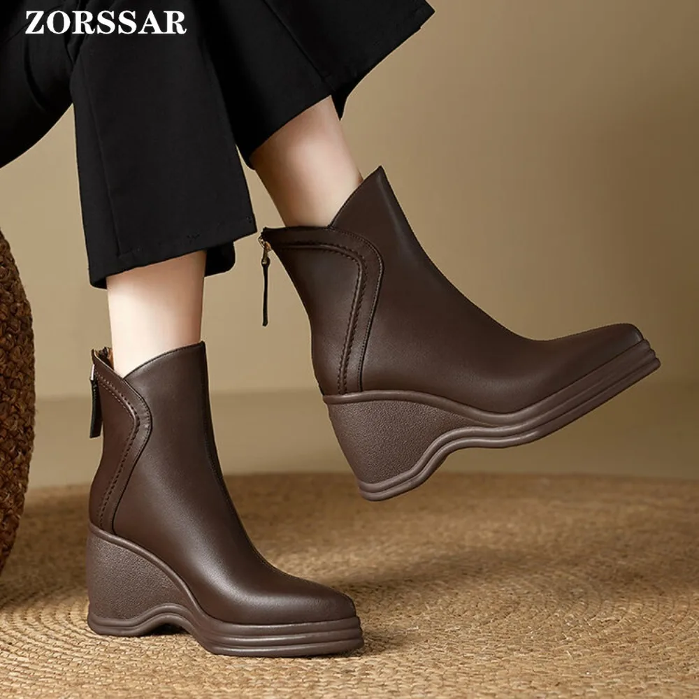 2025 Genuine Leather Autumn Winter Pointed Toe Boots Shoes Women Ankle Boots Female Wedges Boots Women Boot Platform Shoes