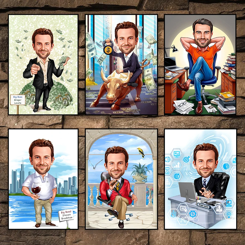 

Funny Businessman Caricature Art Prints Male Cartoon Portrait Poster Custom Big Boss Personalized Canvas Painting Best Gifts