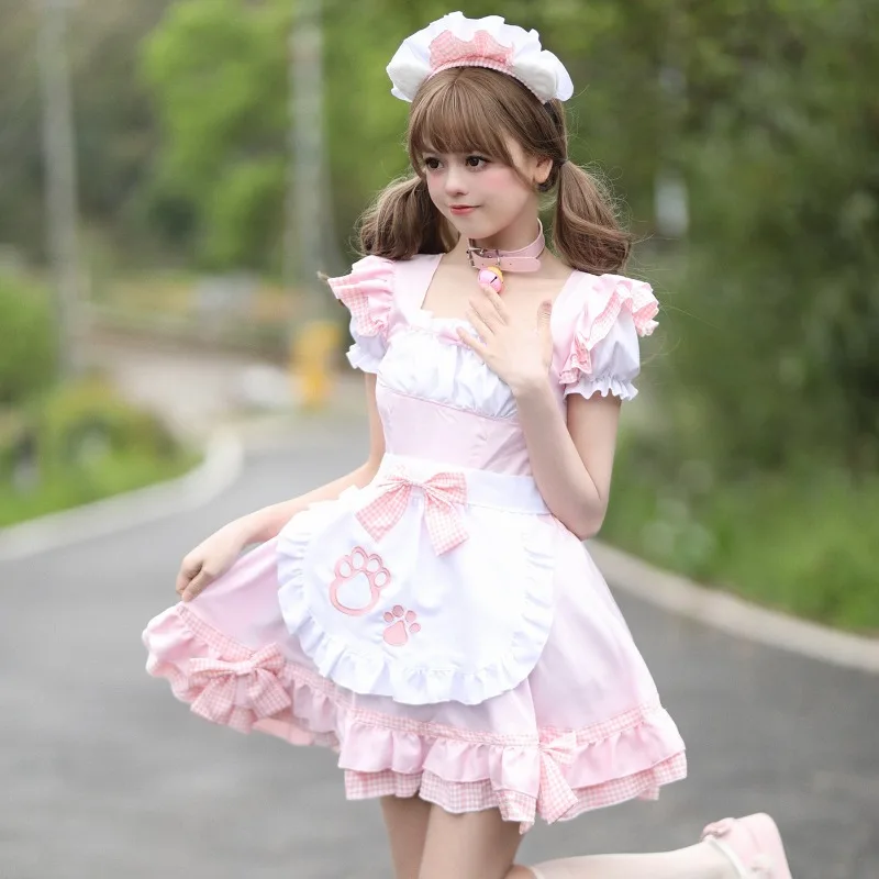 Women Maid Cosplay Costume Short Puff Sleeve Plaid Ruffle Dress with Cat Paw Printed Apron Bow Decor and Headpiece for Party