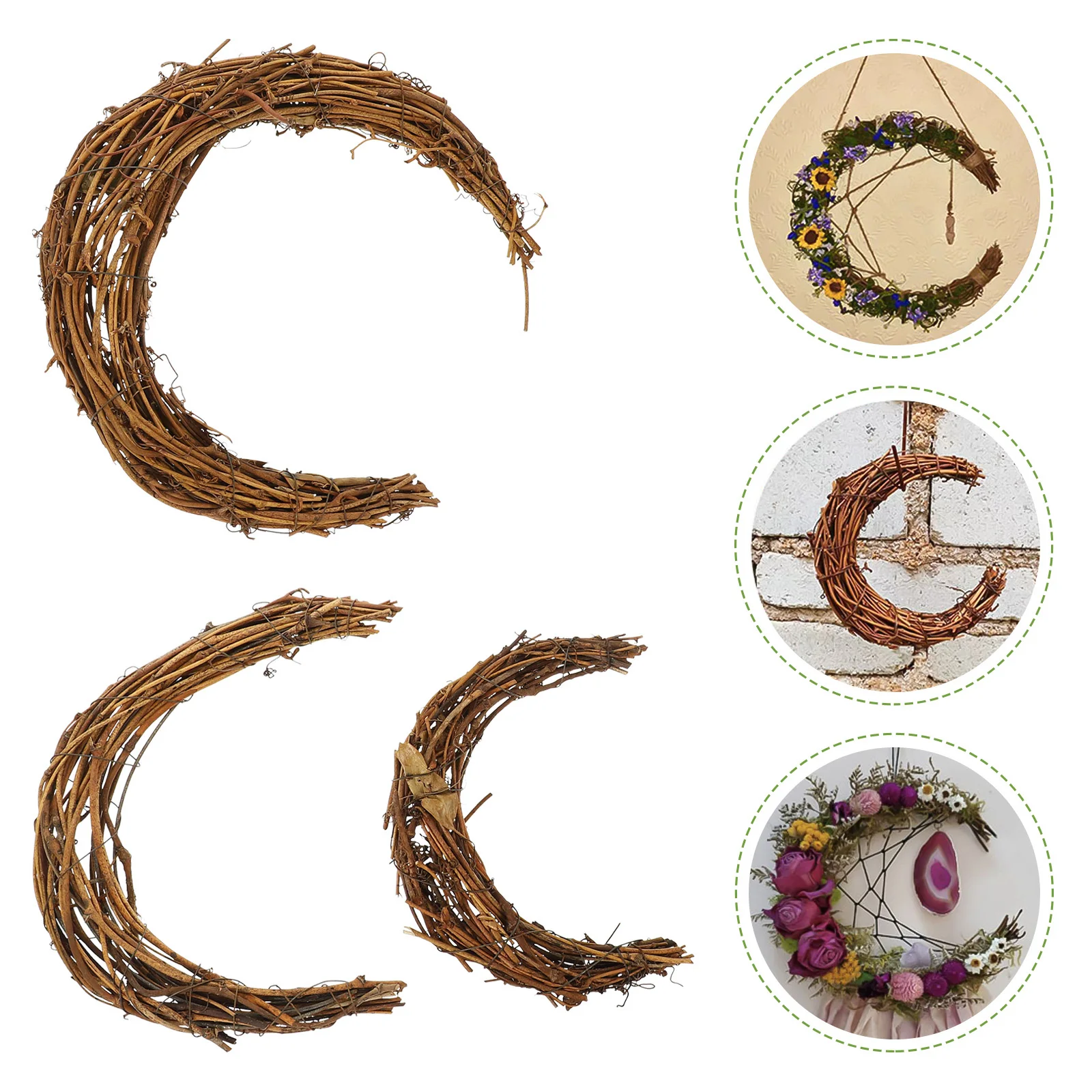 

3pcs Moon Rattan Wreath Ring Diy Wreath Frame For Home Wall Decor Hand Woven Natural Rattan Hoops Floral Arrangement Xmas Party