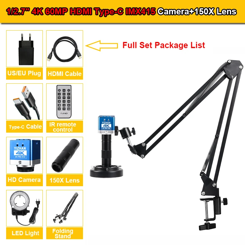 YIZHAN 4K 60MP UHD Microscoop voor Solderen HDMI Type-C 1080P 60FPS Camera 150X 0.3X/0.5X/2X Lens Opvouwbare standaard voor reparatiegereedschap