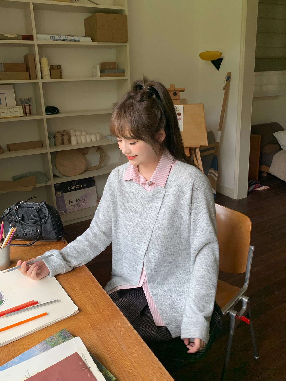 Large Size ey Pink College Sle Long Sve T-irt Fake Two-Piece Autumn Winter Commute plus Size Women's Faion Top