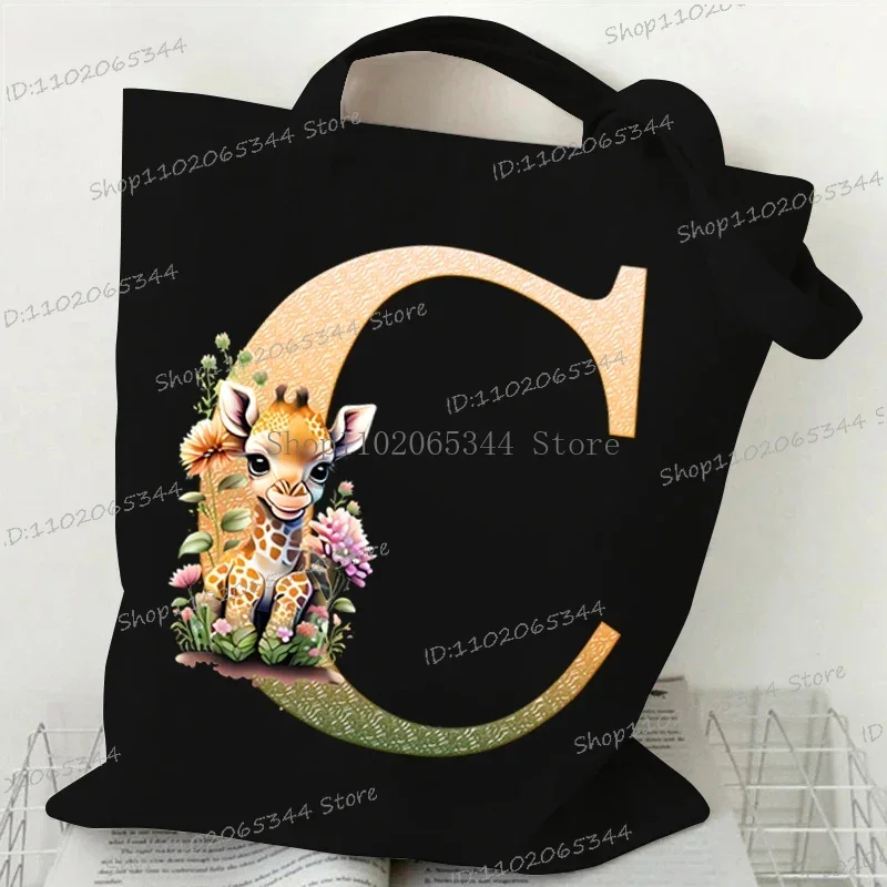 26 Giraffe Floral Alphabet Shoulder Bag Women High-capacity Shopping Bags Teen Cartoon Animal Letter A-Z Graphics Canvas Handbag