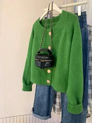 Retro Green Knitted Cardigan 2024 New Autumn Women's Round Neck Single Breasted Jacket Casual Versatile Warm Ladies Coat Trend