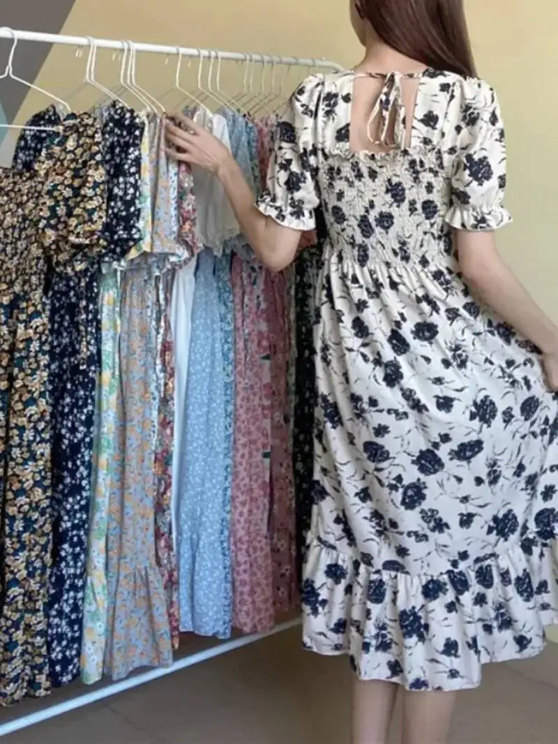 ฤดูใบไม้ผลิฤดูร้อนเอวยืดชีฟองชุดผู้หญิงชุดลำลองแฟชั่นหญิงชุดเดรสแขนสั้นจีบเอ-ไลน์เดรส 47UW