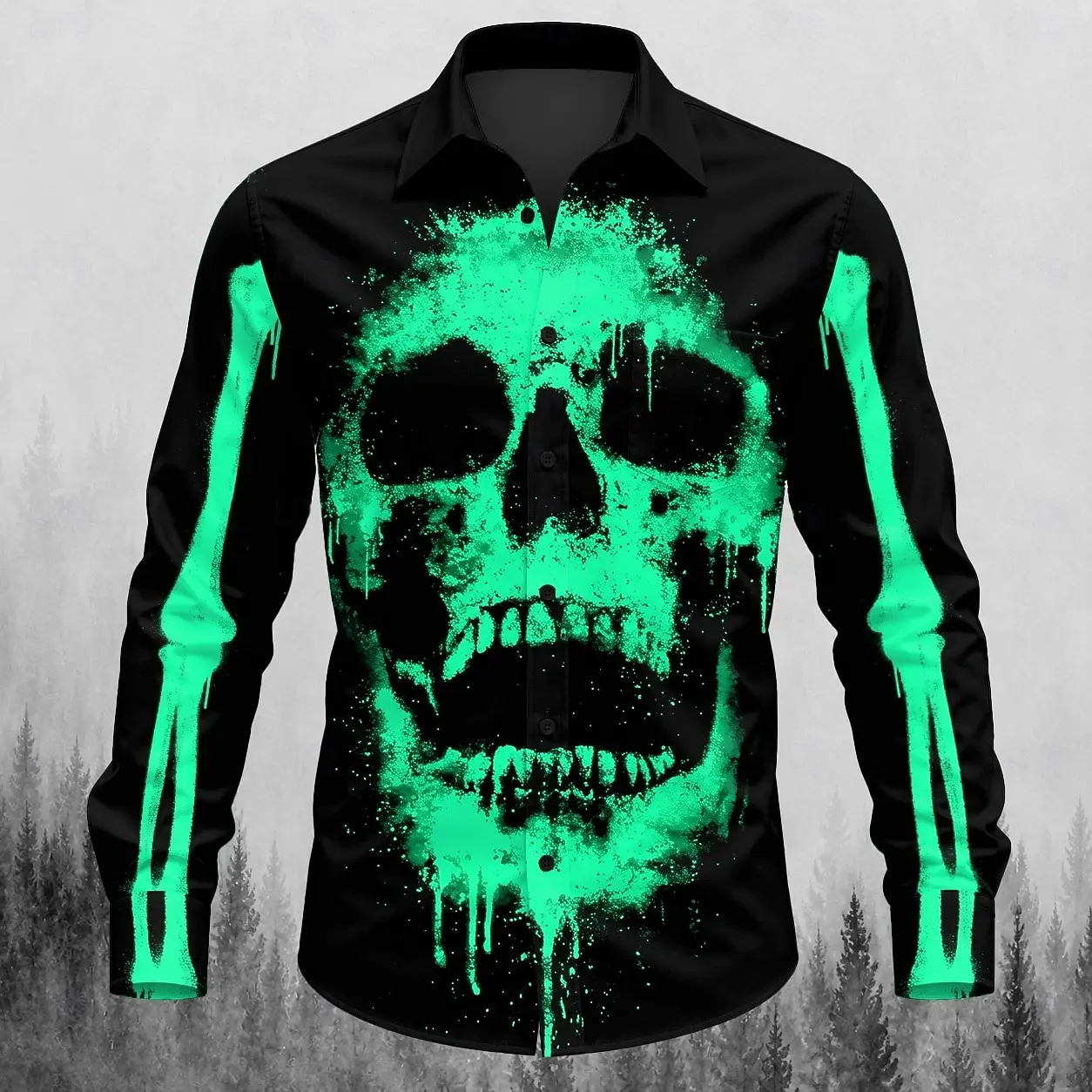 Men Long Sleeve Button Down Shirt Splash Skull Skeleton 3D Print Multi‑Color Gothic Halloween Casual Shirt