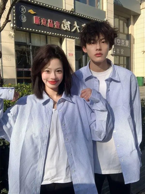 

Loose Fit Long Sve Striped irt ex Casual Wear Spring Summer Faionable Blue Stripes Men's Women's Lightweight Coat