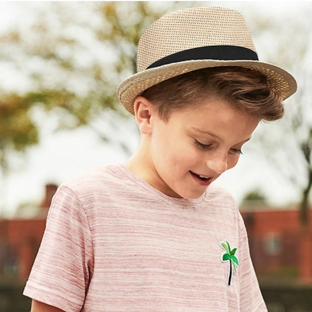 Children Kids 2024 Summer Beach Straw Hat Jazz Panama Trilby Fedora Hat Gangster Cap Outdoor Breathable Hats Girls Boys Sunhat