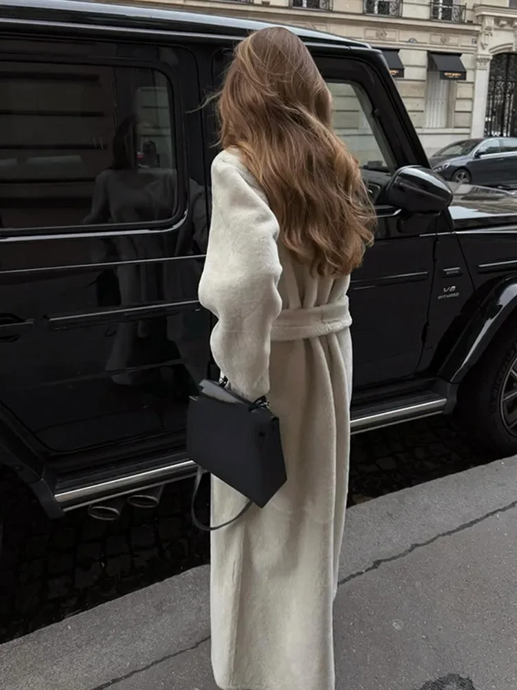 Women Elegant Lace Up Faux Fur Long Jacket Plush High Neck Full Sleeve Loose Warm Long Coats Lady Winter Commute Street Outwear