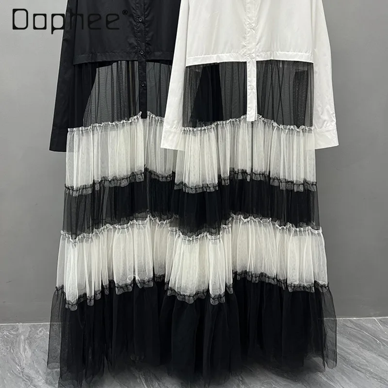 Japanische Straße Persönlichkeit Trendy Mesh Patchwork Hot Girl Farbblock Kleid Trendy Langarm Hemd Mittellanges Kleid für Frauen