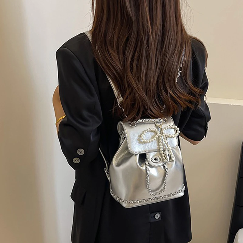 

Women Fashion Backpacks Drawstring Bucket Shoulder Bags with Bow Pendant Soft Large Capacity Rucksack For Travel Shopping Bags