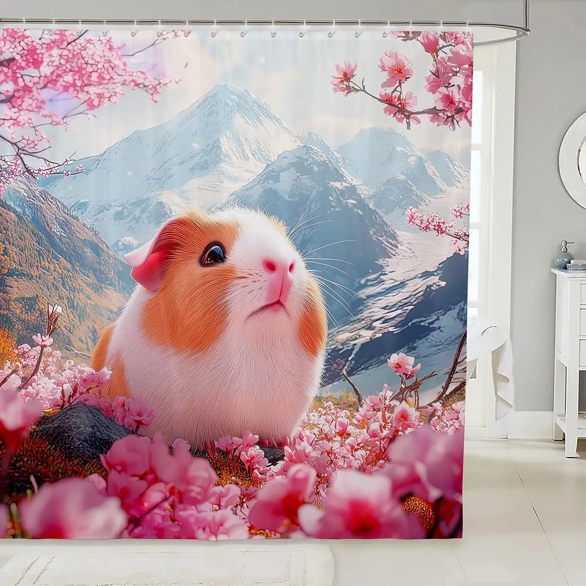 

Cartoon Guinea Pig Bath Curtain Cute Pet Animal Shower Curtain for Girls Kids Boys,Pink Cherry Blossom Flowers Bathroom Curtain