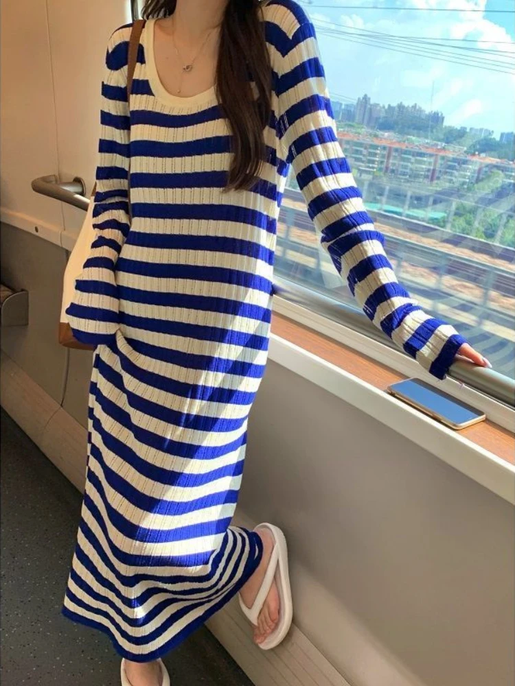 Clothing Female Dress Knit Robe Long Women's Dresses Crochet Evening U Neck Blue Striped Loose Maxi Trendy Designer Promotion