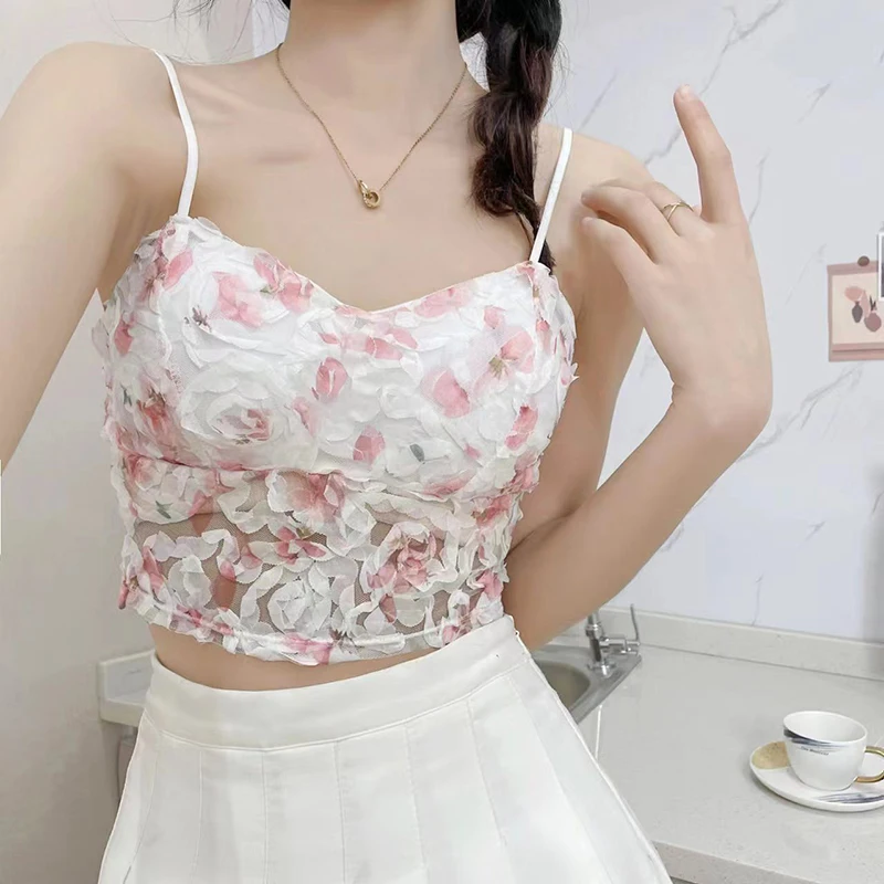 Summer Sweet Floral Corset Vest Office Lady Beach Style Sleeveless Blouse Women Fashion Sexy Lace Slim Crop Tops