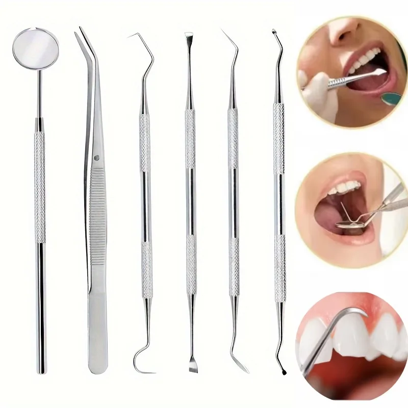 

6pcs Tooth Tools Set,Stainless Steel Oral Hygiene Kit With Mouth Mirror,Scaler & Pick Tools, Non-Slip Patterned Handle Teeth Kit