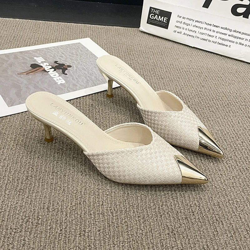 Zapatos de Mules de moda para mujer, zapatillas de exterior, punta estrecha, sandalias informales poco profundas, cómodas, deslizantes de encaje, novedad de verano