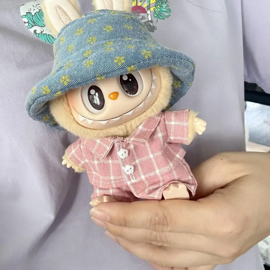 17cm Mini Plush Doll'S Clothes Outfit Accessories For Korea Kpop Exo Labubu Idol powder grid Hoodies Clothing Gift