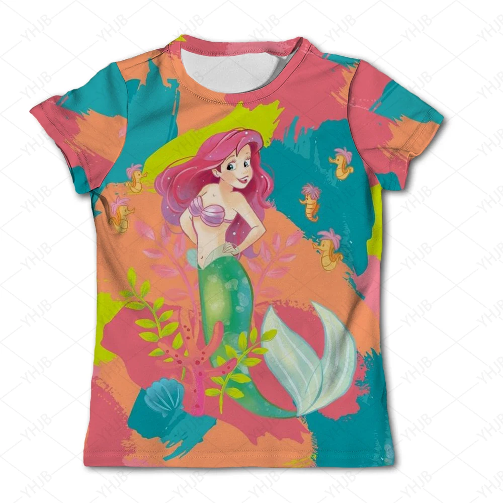 T-shirt de manga curta para meninas, impressão 3D, sereia, ariel, princesa, anime, casual, moda, verão, 2024