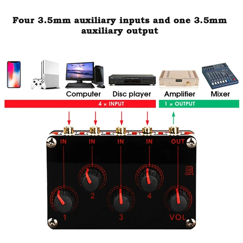 RISE-4 Channel Line Mixer Portable Analog Sound Mixing Console Highest Sound Quality Stereo Mixer USB 5V Power EU Plug