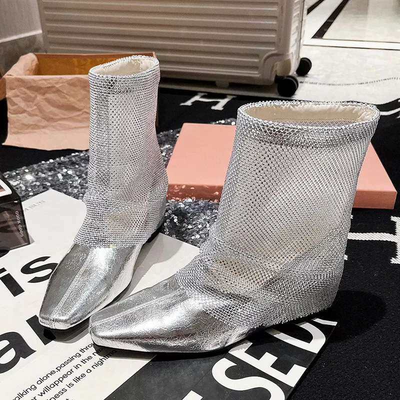 Mesh Women's Sandals Boots Designer Bling Flats Shoes Summer Mid Calf Woman Boots 2026 New Trend Fashion Goth Mujer De Zapatos