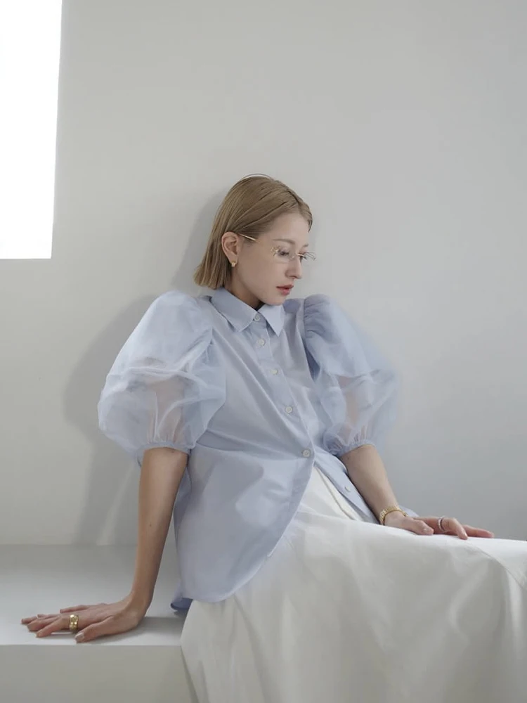 

Loose Bubble Sleeve Double Layer Mesh Shirt French Style Women's Casual Shirt Puffy Sleeve Design Spring Summer Top