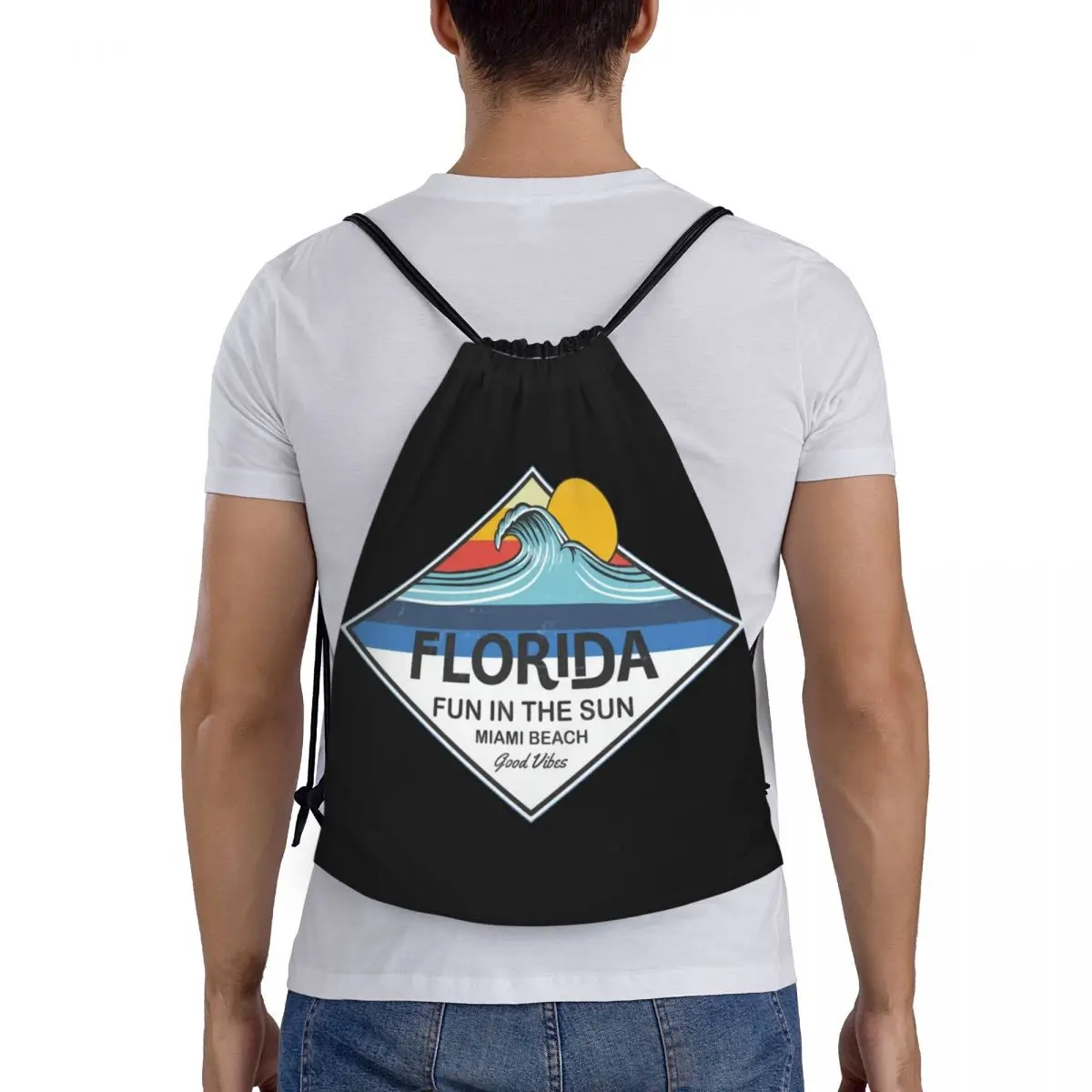 Custom Florida Miami Seaside Beach Sun Drawstring Backpack Bags Men Women Lightweight Gym Sports Sackpack Sacks for Shopping