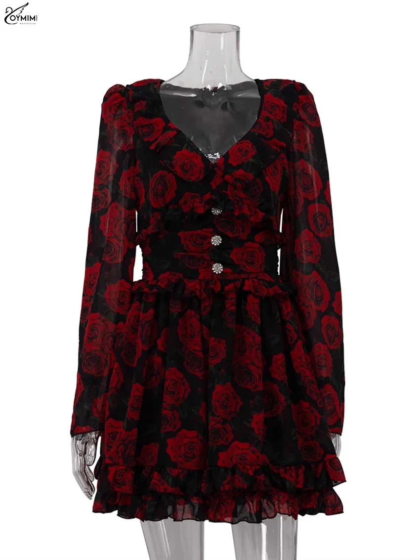 Oymimi Elegant Red Print Womens Dresses Fashion V-Neck Long Sleeve Button Dresses Casual High Waisted Ruffled Mini Dress Female - Image 5