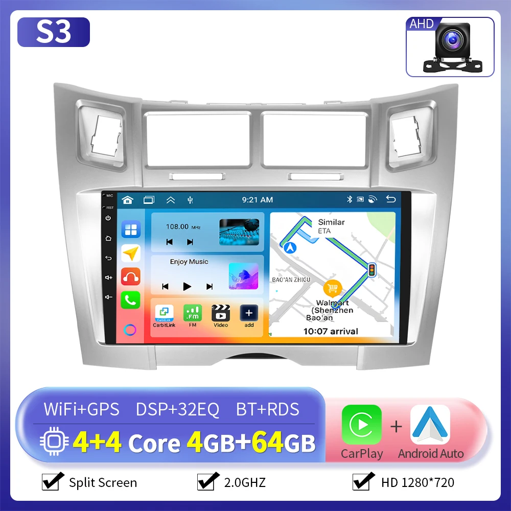 Camecho 6 + 128G Autoradio Draadloze CarPlay Android Auto Voor Toyota Yaris Vizi 2005-2011 Auto intelligente Systeem GPS Stereo 4G WiFi