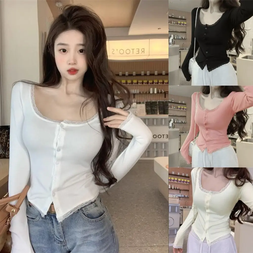 

Solid Color Women Lace Trim T-shirt Slimming Fit Pure Desire Square Neck Top Short Style Korean Version Long Sleeve T-shirt