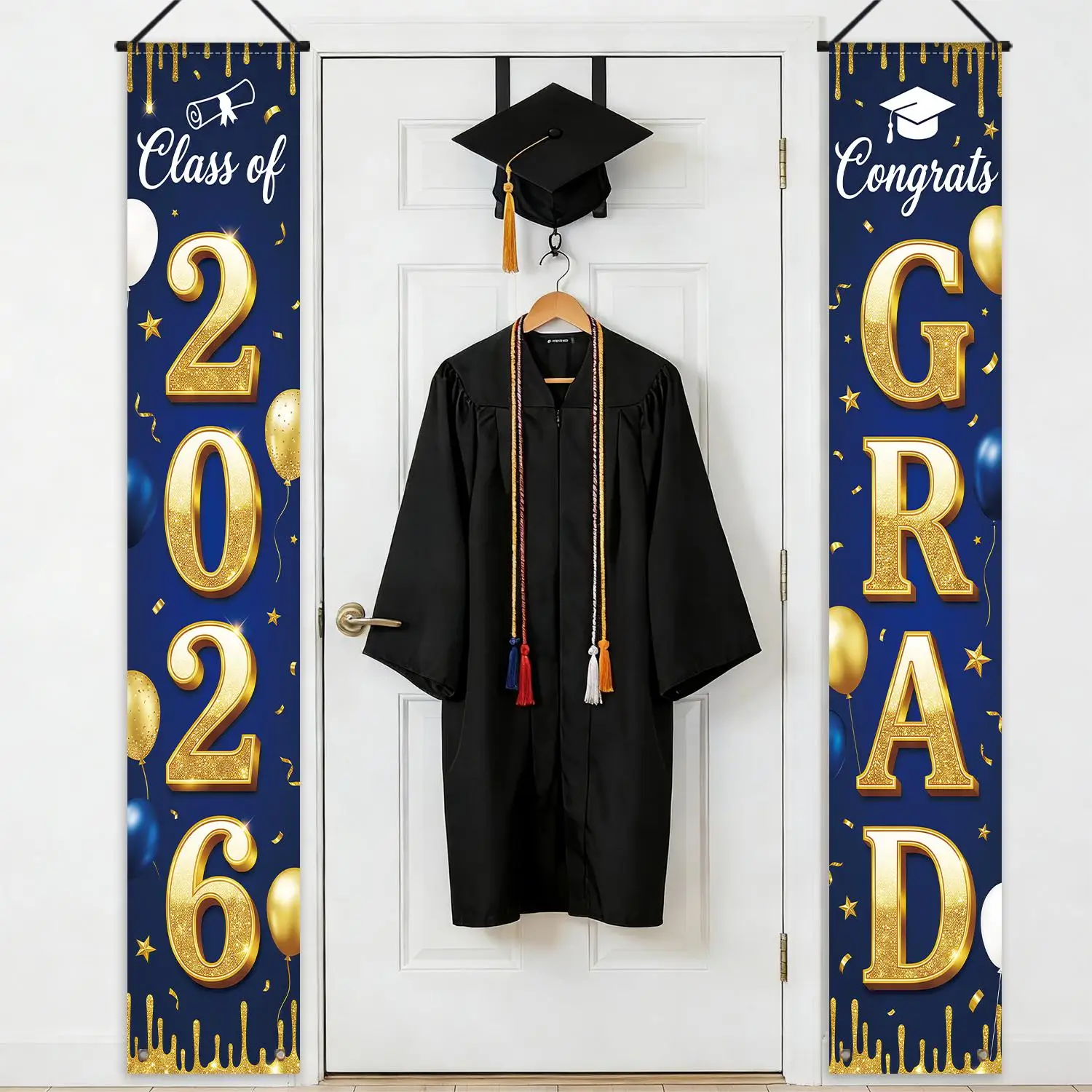 1 Par de Pancartas Planas 2D para Graduación Clase de 2026, Fondo Azul con Cintas, Diseño de Diploma y Birrete de Graduación