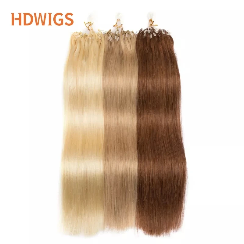 HDWIGS Extension De Cheveux Humains Droite Micro Boucle Ligne De Pêche Extension de Cheveux 50pcs 1g/brin Micro Perles Mode Cheveux Humains 613 #