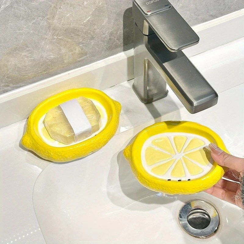 [Lemon Ceramic Soap Dish] 1pc Lemon Shape Ceramic Soap Dish With Drain Function, No Drilling Required For Installation