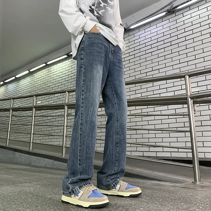 

Cleanfit Men's Loose Straight Leg Jeans Bell Bot High Street Sle Spring Autumn Wear Faded Denim mid Waist Zipper Closure