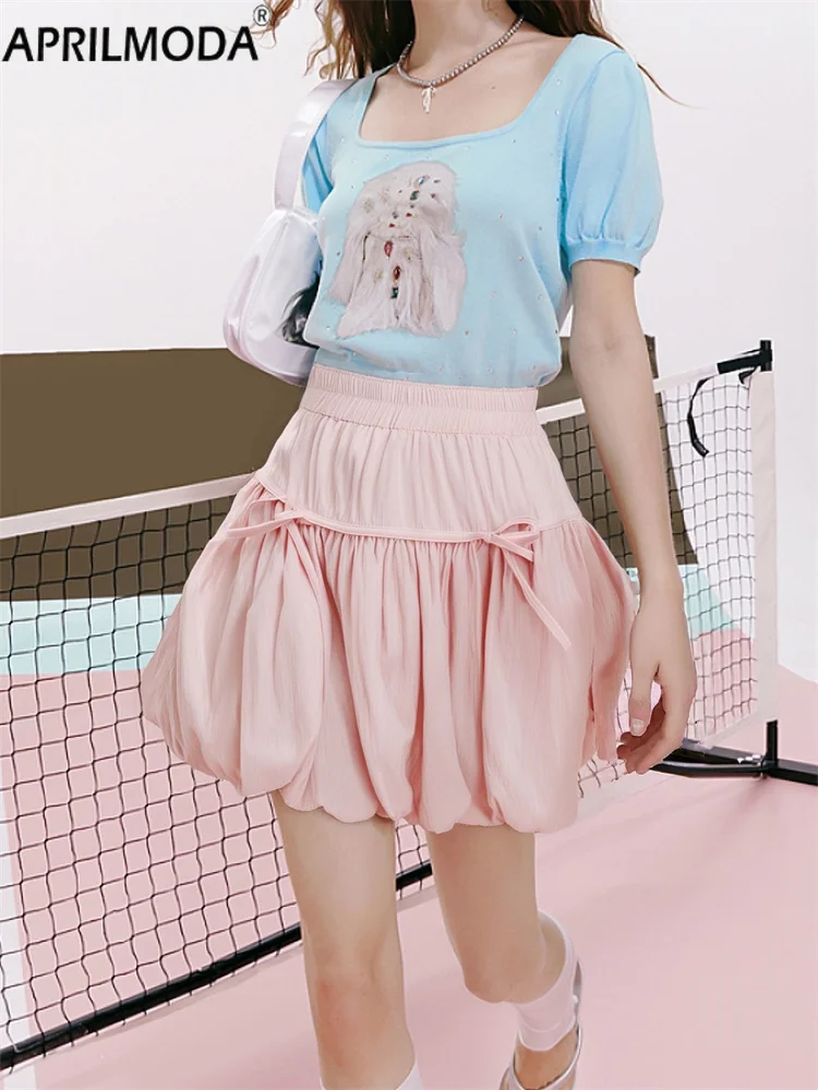 

Women Y2k Chic Summer Sweet Ball Gown Mini Solid Skirt with Bow Kpop Kawaii Lace A Line Korean Fashion Elastic High Waist Skirts