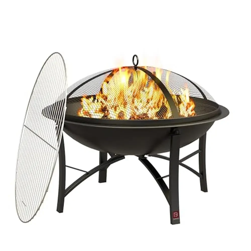 

Steel Round Outdoor Wood Burning Fire Pit BBQ Grill with Spark Screen Cover Log Grate Poker Camping Beach Bonfire Compact Size &