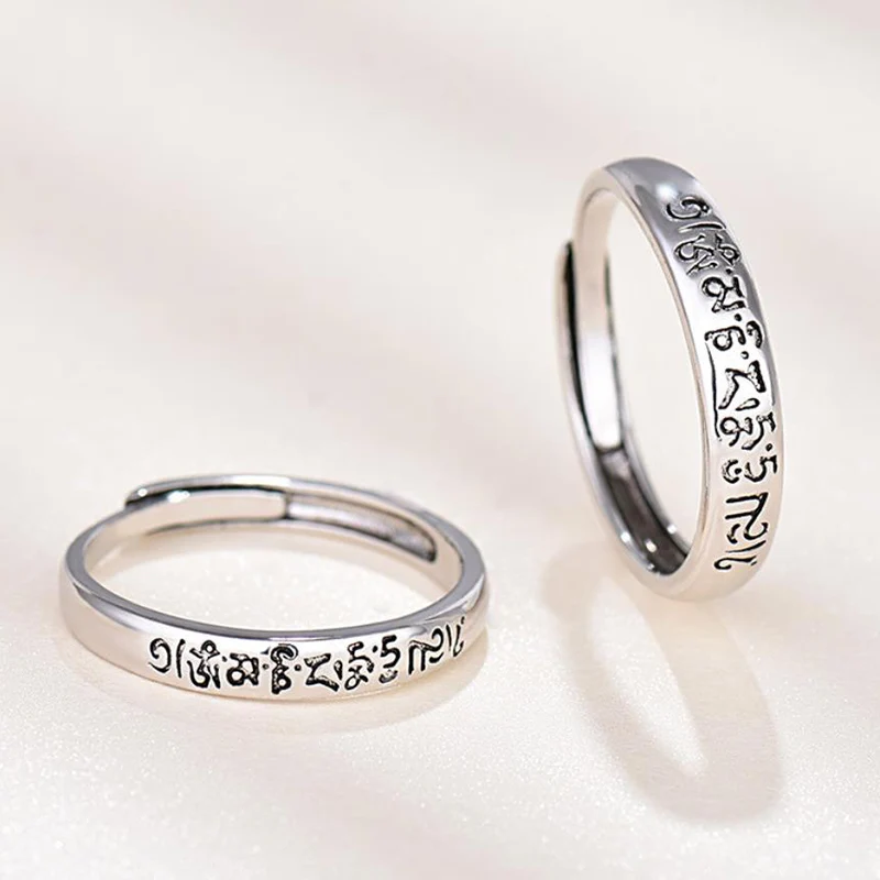 Retro Six-Word Mantra Couple Rings Trendy Thai Silver Adjustable Ring for Men and Women KOFSAC