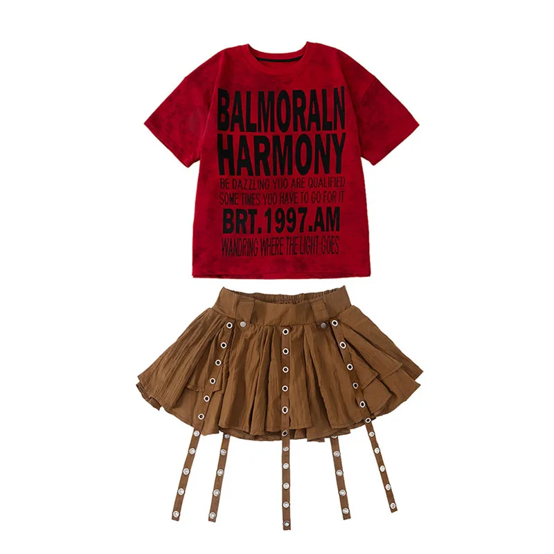 Kind Kpop Hip Hop Kleidung Rote Buchstaben Drucken T Shirt Kaffee Straße Niet Strap Falten Rock für Mädchen Jazz Dance Kostüm Kleidung