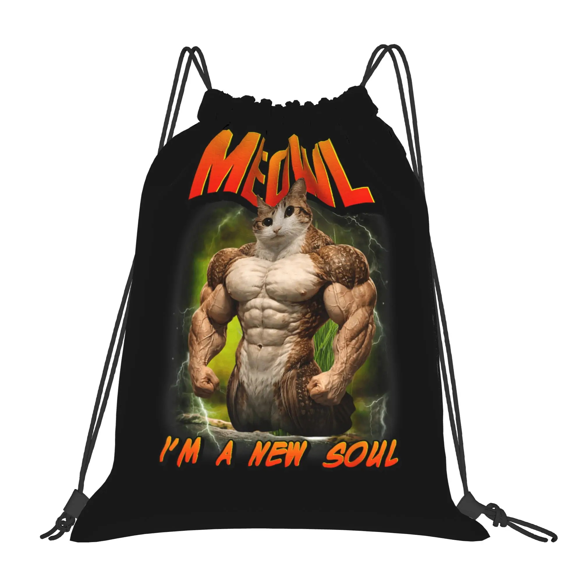 Meowl Cat Owl Meme Drawstring Backpack Sports Gym Sackpack Water Resistant  String Bag for Cycling