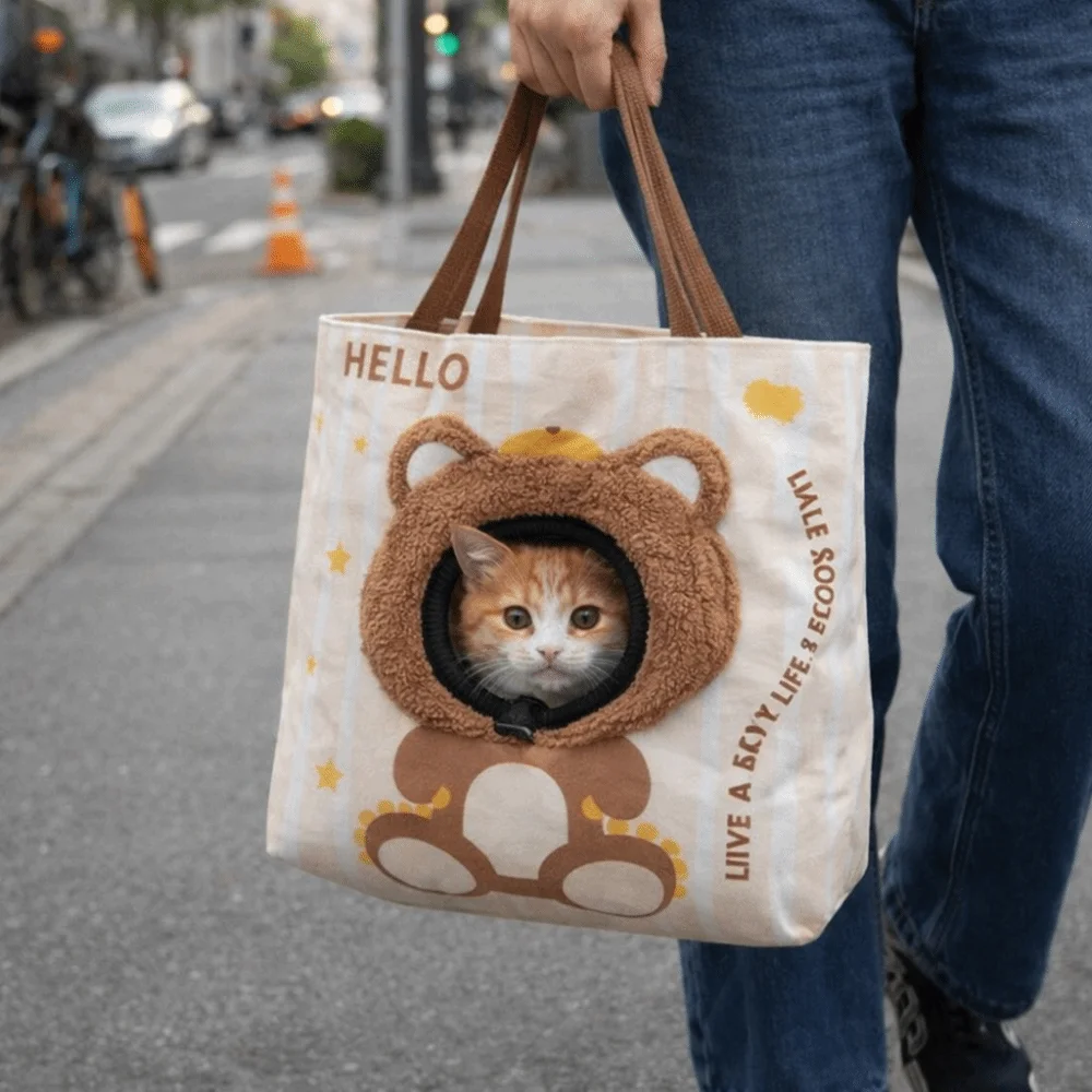 

Cute Breathable Cat Carrier Bag Cartoon Portable Cat Shoulder Bag with Hole Canvas Pet Carrying Bag Pet Travel